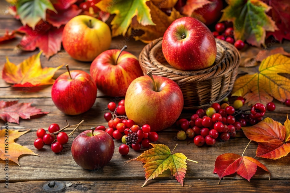 A basket of apples and berries on a table with autumn leaves A basket of apples and berries on a table with autumn leaves