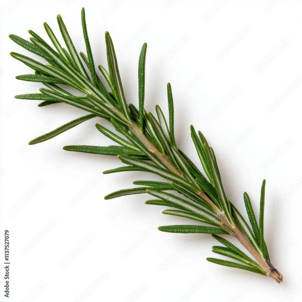 A photostock of a sprig of fresh rosemary, isolated on a clean white background, aromatic and natural, High Quality