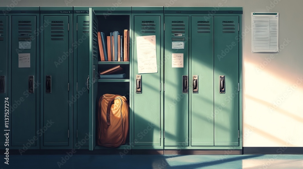 Open green high school locker with books and gym bag in an empty room. AI generated illustration Open green high school locker with books and gym bag in an empty room. AI generated illustration