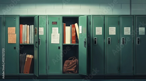 Wallpaper Mural Open green high school locker with books and gym bag in an empty room. AI generated illustration Torontodigital.ca