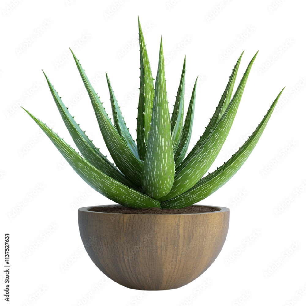 Fototapeta premium Vibrant Aloe Vera plant in a simple wooden pot is perfectly isolated on a clean transparent background for commercial use.