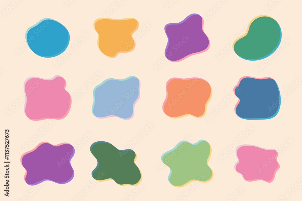 Set of colorful fluid shapes in trendy riso graph print texture style. Liquid elements collection for creative design. Set of colorful fluid shapes in trendy riso graph print texture style. Liquid elements collection for creative design.