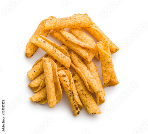 Rolled nachos tortilla chips isolated on white background.