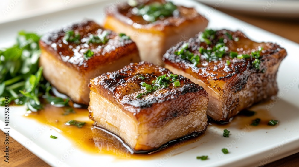 Deliciously Crispy Pork Belly with Chopped Herbs on a Plate Deliciously Crispy Pork Belly with Chopped Herbs on a Plate