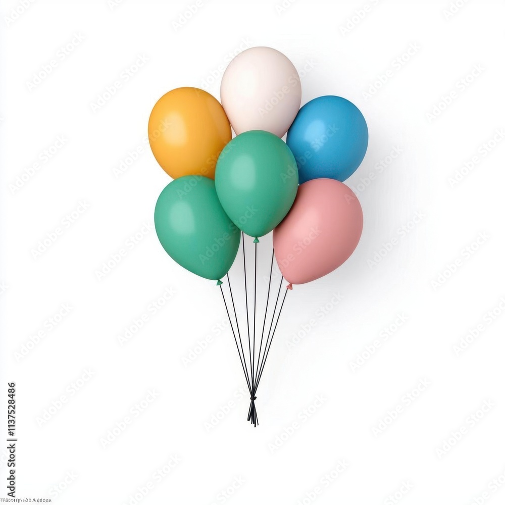 A photostock of a bundle of colorful helium balloons floating, isolated on a clean white background, festive and joyful, High Quality A photostock of a bundle of colorful helium balloons floating, isolated on a clean white background, festive and joyful, High Quality