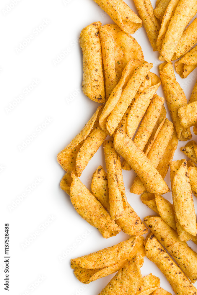 Rolled nachos tortilla chips isolated on white background.