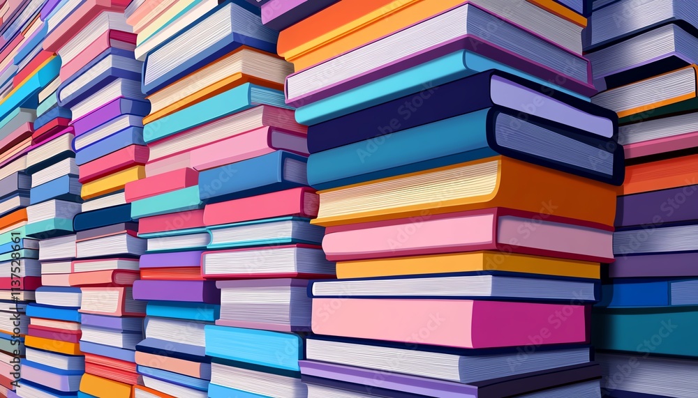 Books stacked high, representing effective learning, education, knowledge, and academic growth, colorful spines symbolizing study and personal development in a scholarly setting Books stacked high, representing effective learning, education, knowledge, and academic growth, colorful spines symbolizing study and personal development in a scholarly setting
