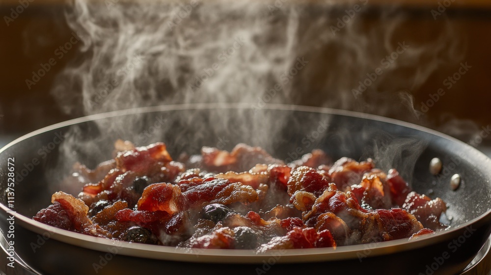 Sizzling Bacon Cooking in a Pan with Rising Steam and Juicy Texture Sizzling Bacon Cooking in a Pan with Rising Steam and Juicy Texture