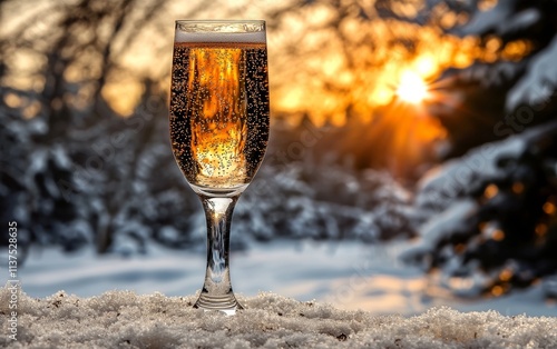 Sparkling drink in a glass at sunset with snow on the ground in a winter landscape photo