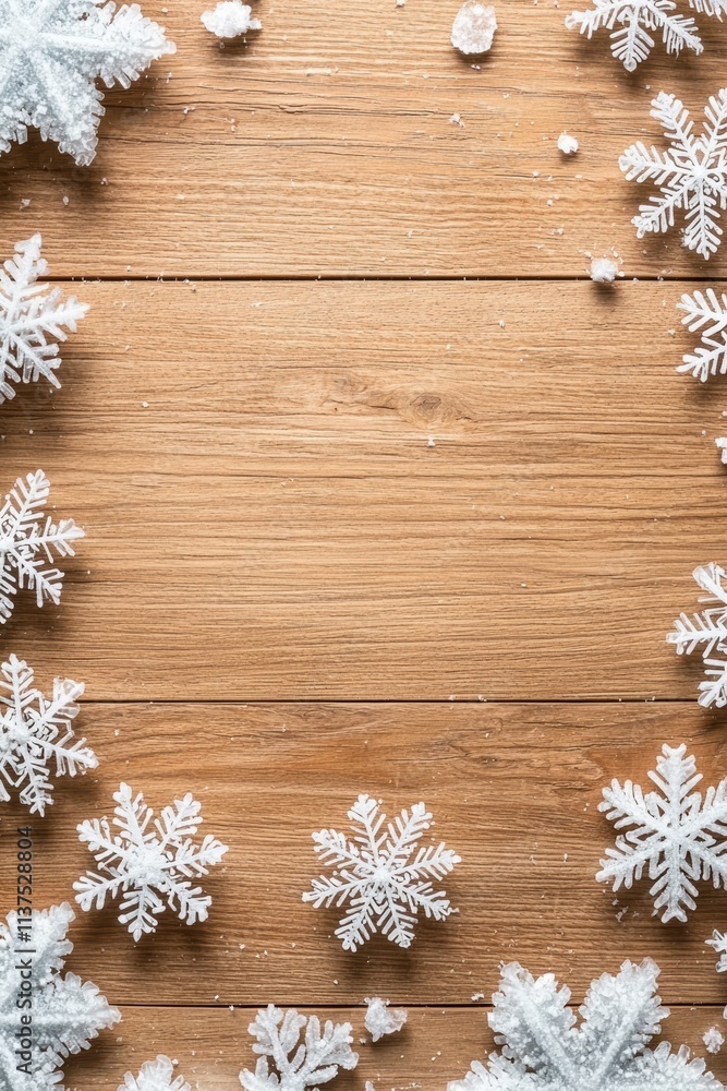 Snowy wooden board with frosted edges winter scene close-up Snowy wooden board with frosted edges winter scene close-up