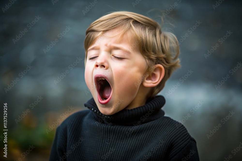 A young boy is yawning and looking tired A young boy is yawning and looking tired