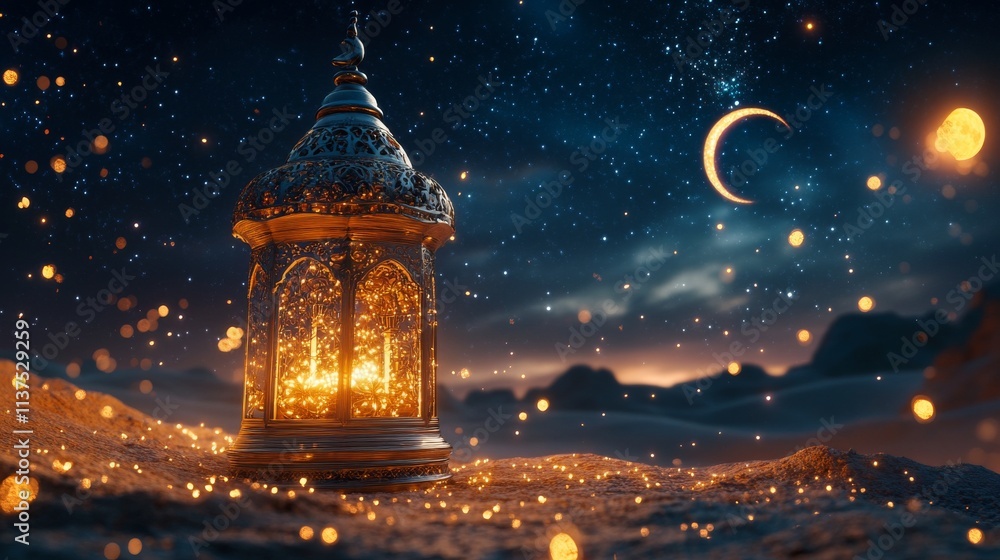 A beautifully crafted lantern emits a warm, golden glow on desert sand under a starry night sky. The crescent moon adds a mystical touch, enhancing the serene and enchanting atmosphere.. AI Generation A beautifully crafted lantern emits a warm, golden glow on desert sand under a starry night sky. The crescent moon adds a mystical touch, enhancing the serene and enchanting atmosphere.. AI Generation