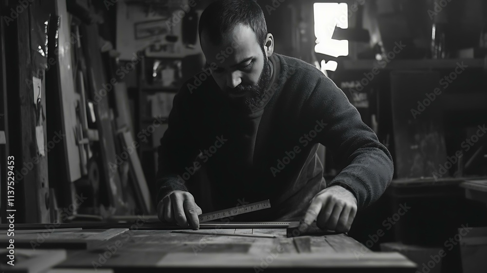 A man learning carpentry, measuring wood with a ruler in a workshop A man learning carpentry, measuring wood with a ruler in a workshop