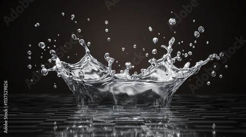 Three water droplets splash in a row creating crowns of water on white background.