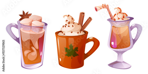 Autumn hot beverage collection of pumpkin spice drinks - glass cups and maple leaf ceramic mug filled with whipped cream, marshmallows, cinnamon sticks, star anise, straw. Seasonal warm drinks.