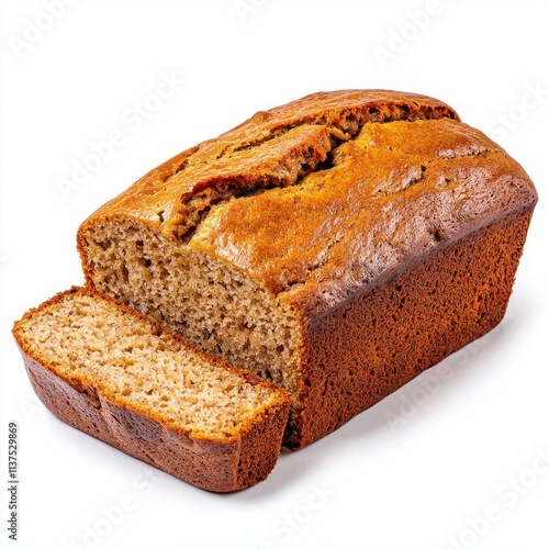 A photostock of a steaming loaf of banana bread, freshly sliced, isolated on a clean white background, delicious and rustic, High Quality