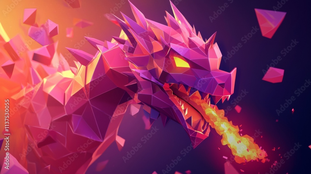 Colorful geometric dragon breathing fire through fragmented background at dusk Colorful geometric dragon breathing fire through fragmented background at dusk