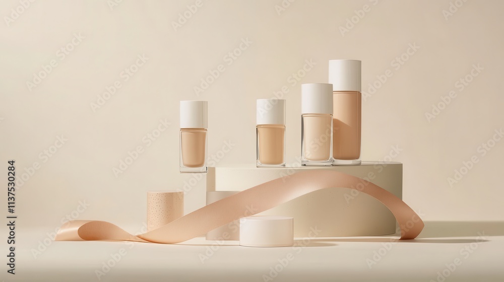Bottles of makeup foundation and cushion,Collection of skin foundation bottles in different shades and samples on color background,makeup essentials,Cushion Foundation liquid and swatche,copy space. Bottles of makeup foundation and cushion,Collection of skin foundation bottles in different shades and samples on color background,makeup essentials,Cushion Foundation liquid and swatche,copy space.