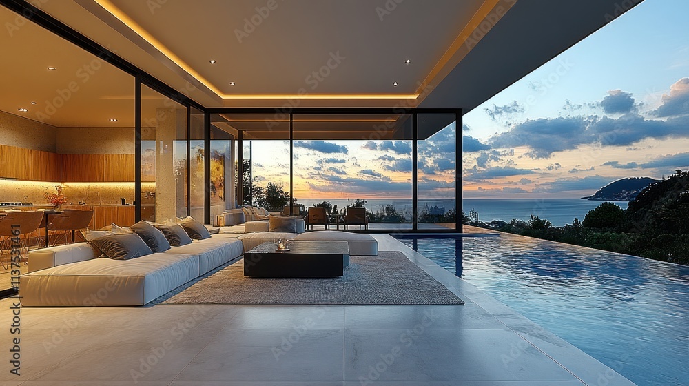 Fototapeta premium Modern villa interior with panoramic views and infinity pool at sunset.