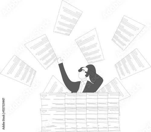 Heavy work pressure, overwork, exhaustion or fatigue, deadlines, a desperate and distracted businesswoman standing in the middle of a pile of scattered papers