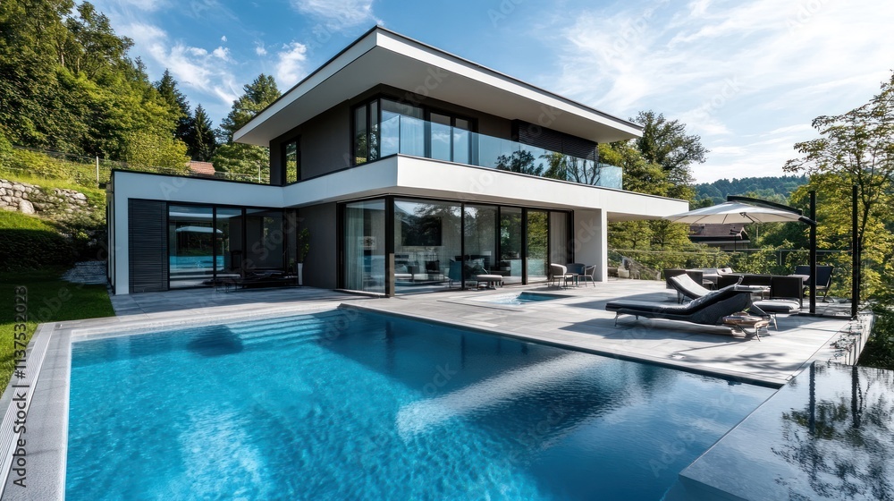 Fototapeta premium Modern villa with a pool surrounded by greenery and clear blue skies.