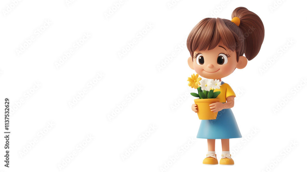 A cheerful young girl holding a potted flower, standing against a transparent background, ready to celebrate spring with her blooms. A cheerful young girl holding a potted flower, standing against a transparent background, ready to celebrate spring with her blooms.