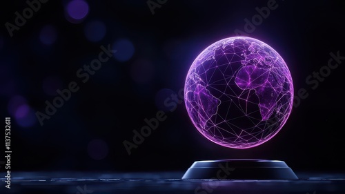 A glowing purple globe with intricate lines, representing a digital or futuristic world, set against a dark background.