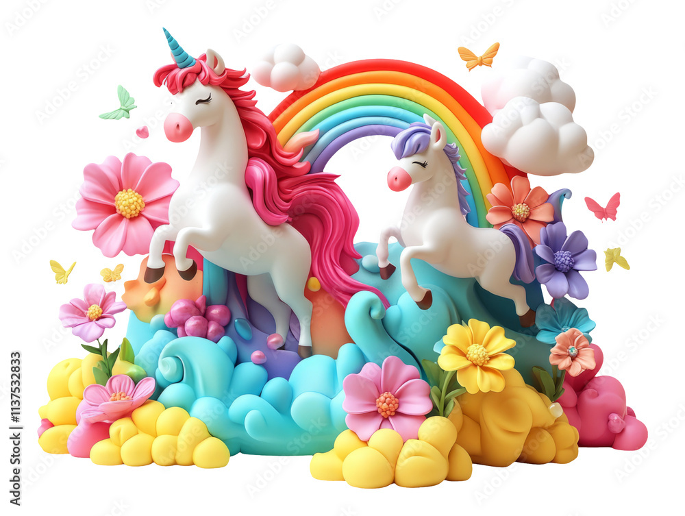 Naklejka premium Playful 3D Rendering of Unicorns with Colorful Flowers and Rainbow