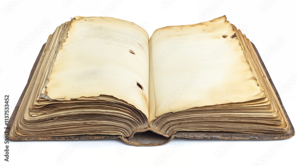 Old open book with aged pages isolated on white background Old open book with aged pages isolated on white background