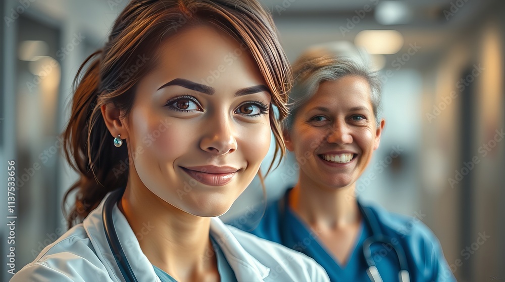 Two female doctors, one with brown hair and the other with gray hair, smile warmly at the camera in a medical facility. Their confident expressions exude professionalism and care. Two female doctors, one with brown hair and the other with gray hair, smile warmly at the camera in a medical facility. Their confident expressions exude professionalism and care.