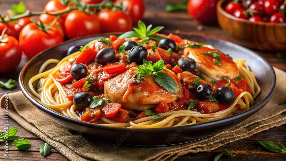 Long Exposure Chicken Cacciatore with Spaghetti - Italian Food Photography Long Exposure Chicken Cacciatore with Spaghetti - Italian Food Photography