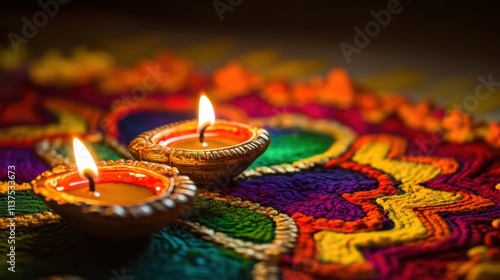 A vibrant Diwali scene with a close-up of colorful rangoli designs and candles glowing softly against a rich magenta background, macro shot, Minimalist style photo