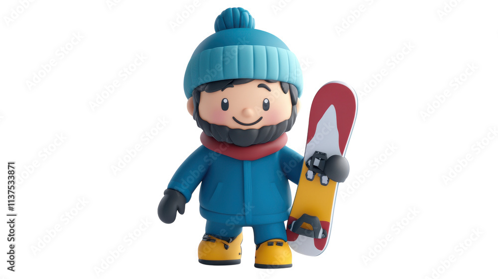 Fototapeta premium A cheerful snowboarding character wearing a blue hat and snow gear holding a snowboard in a winter-themed setting.