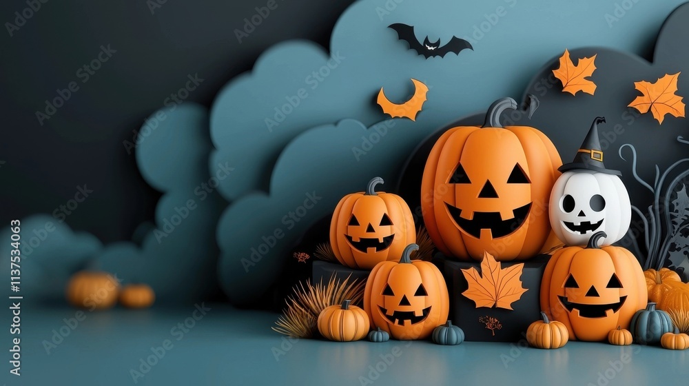 Spooky Jack o Lanterns and Autumn Leaves in Mysterious Forest at Night Carved pumpkins bats and gray clouds in a dark moody setting evoking the Halloween season and fall holiday Spooky Jack o Lanterns and Autumn Leaves in Mysterious Forest at Night Carved pumpkins bats and gray clouds in a dark moody setting evoking the Halloween season and fall holiday