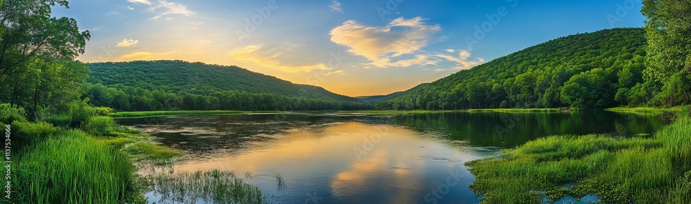 Panoramic summer river view with lush greenery and sunset reflections. AI generated illustration Panoramic summer river view with lush greenery and sunset reflections. AI generated illustration