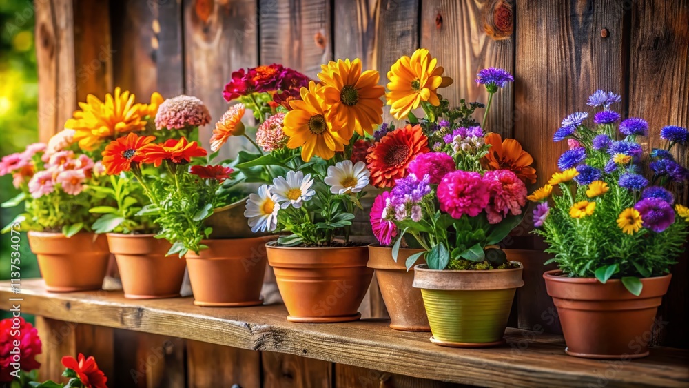 Long Exposure Colorful Flower Pots Wooden Shelf Photography - Stunning Floral Still Life Long Exposure Colorful Flower Pots Wooden Shelf Photography - Stunning Floral Still Life