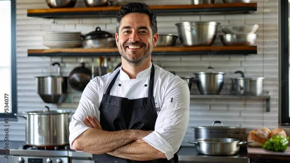 Chef's Confidence: A portrait of a smiling male chef in his professional kitchen, arms crossed, exuding confidence and culinary expertise. Chef's Confidence: A portrait of a smiling male chef in his professional kitchen, arms crossed, exuding confidence and culinary expertise.