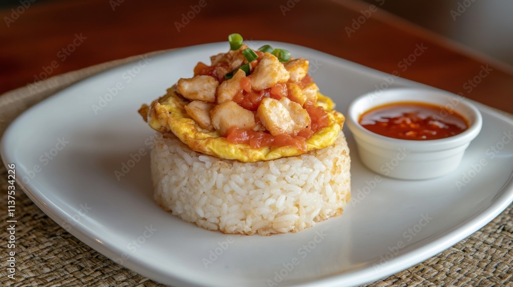 Delicious Chicken Omelette Served Over Rice with Spicy Sauce Delicious Chicken Omelette Served Over Rice with Spicy Sauce