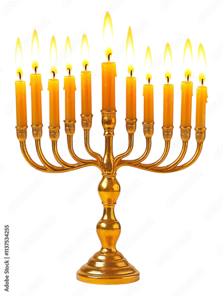 Fototapeta premium Golden Hanukkah menorah with nine lit candles burning brightly for the holiday celebration isolated on a transparent background.