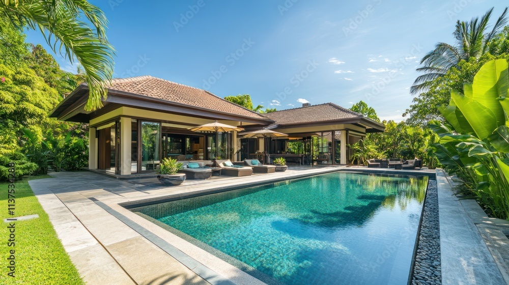 Modern villa with a pool surrounded by lush greenery and sun loungers. Modern villa with a pool surrounded by lush greenery and sun loungers.