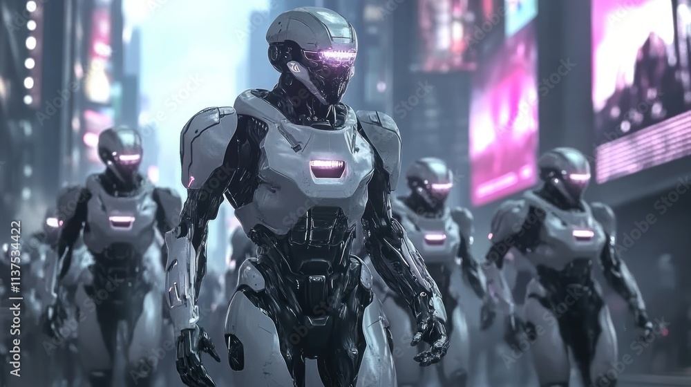 Futuristic robots marching in neon-lit cityscape Futuristic robots marching in neon-lit cityscape