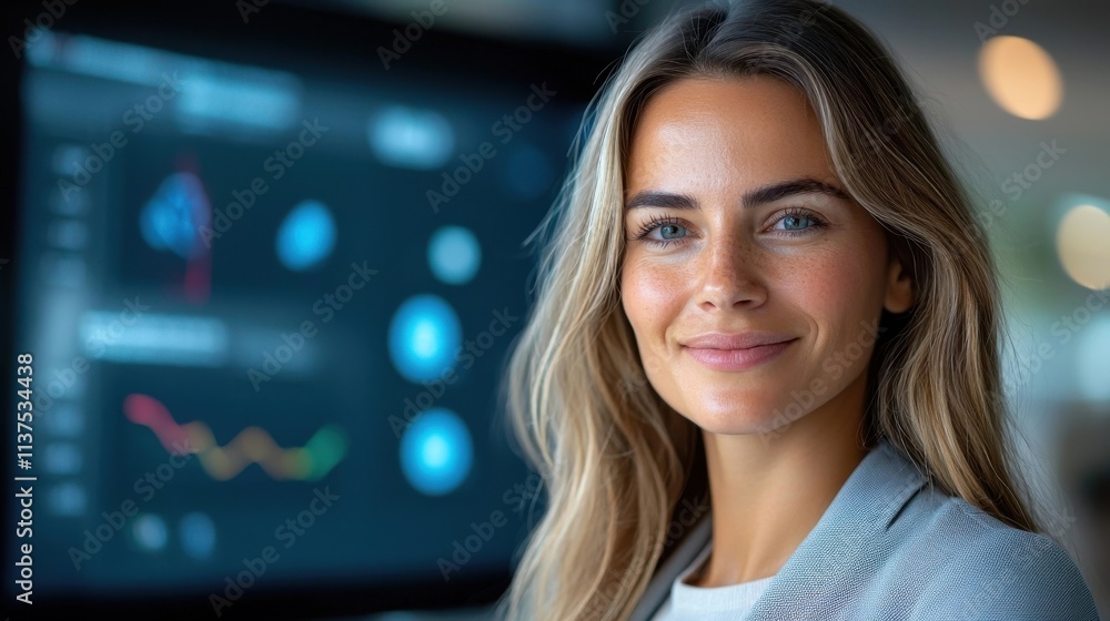 Portrait of a confident and successful businesswoman analyzing data visualizations and charts on a computer screen in a modern office environment illustrating her leadership innovation Portrait of a confident and successful businesswoman analyzing data visualizations and charts on a computer screen in a modern office environment illustrating her leadership innovation
