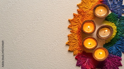 A vibrant Diwali scene with an assortment of colorful rangoli patterns and glowing diyas against a rich gold background, wide shot, Minimalist style photo