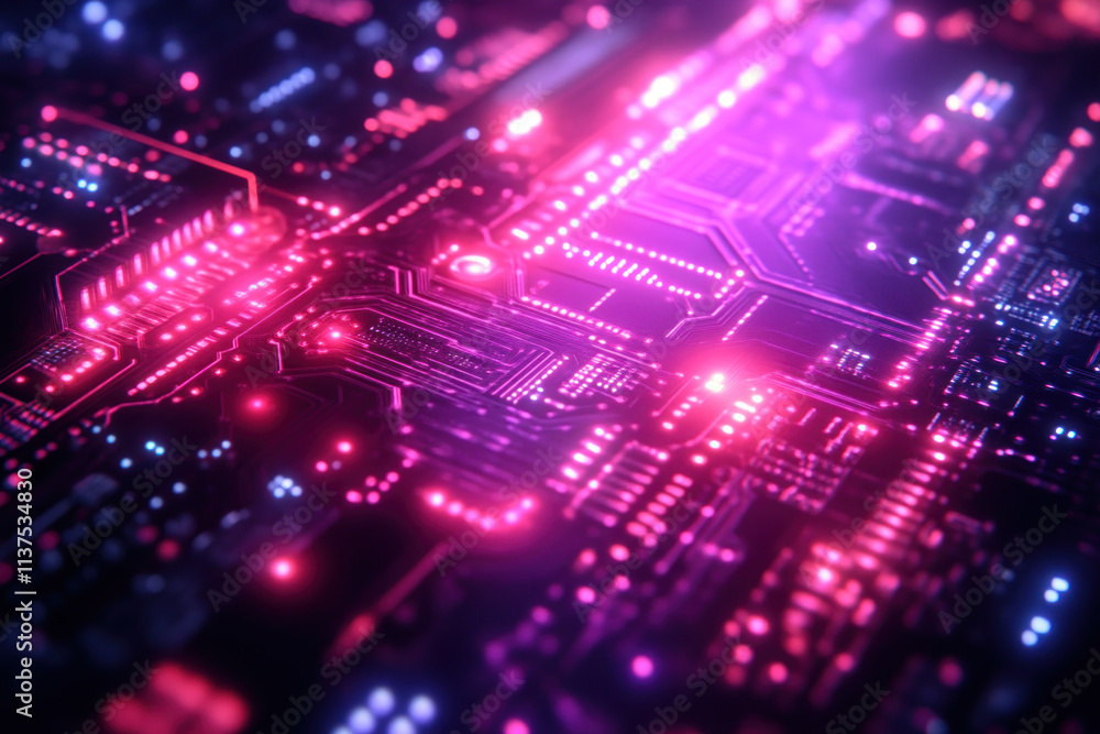 Circuit Board Glows with Futuristic Pink and Blue Lights Circuit Board Glows with Futuristic Pink and Blue Lights
