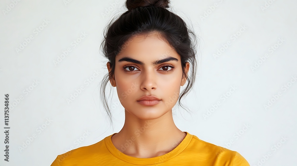 Close-up portrait of a young woman with dark hair in a bun, wearing a mustard yellow t-shirt against a white background. Close-up portrait of a young woman with dark hair in a bun, wearing a mustard yellow t-shirt against a white background.