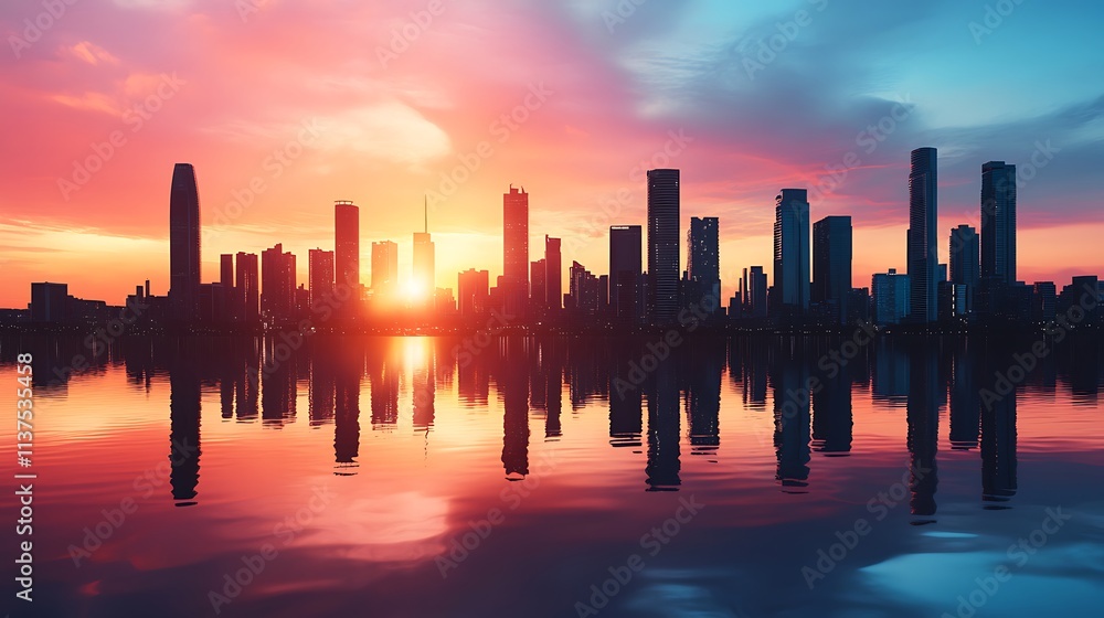 Vibrant sunset cityscape reflected in calm water. Vibrant sunset cityscape reflected in calm water.