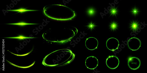 A set of light green reflection effects, neon lighting in green tones. Bright light lens. Police light effects, lines. Shiny stars, glowing sparks on a black background.