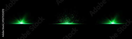 A set of light green reflection effects, neon lighting in green tones. Bright light lens. Police light effects, lines. Shiny stars, glowing sparks on a black background.