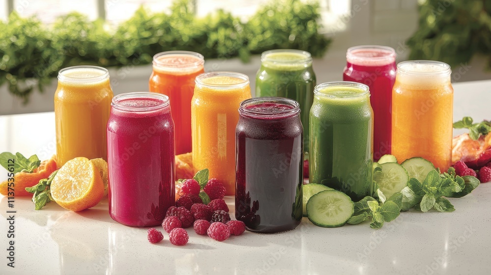 A detox cleanse concept featuring an assortment of cold-pressed juices in vibrant colors, neatly arranged with fresh fruits and vegetables on a clean, white countertop. A detox cleanse concept featuring an assortment of cold-pressed juices in vibrant colors, neatly arranged with fresh fruits and vegetables on a clean, white countertop.