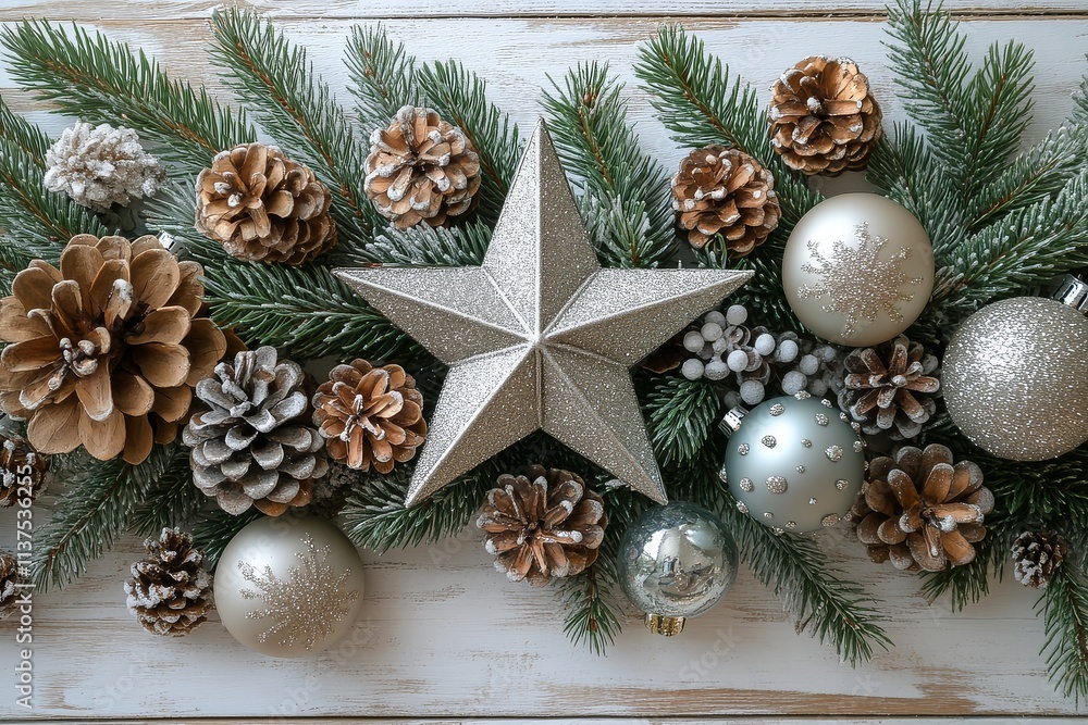 Minimalistic Christmas decorations on white wooden table with silver star, using white, grey color palette, top view, high resolution, soft shadows, shallow depth of field, simple design, professional Minimalistic Christmas decorations on white wooden table with silver star, using white, grey color palette, top view, high resolution, soft shadows, shallow depth of field, simple design, professional